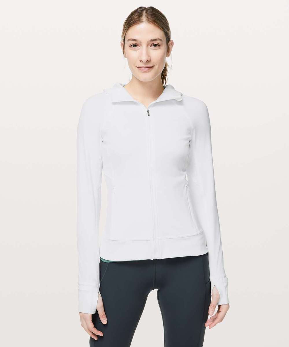 Lululemon Dash Into Dusk Hooded Jacket Women's 8 White Full Zip Thumbholes Logo